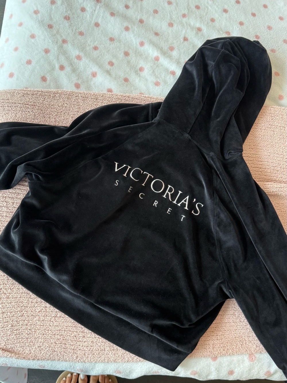 Victoria's Secret Black Velour Hooded Logo Jacket